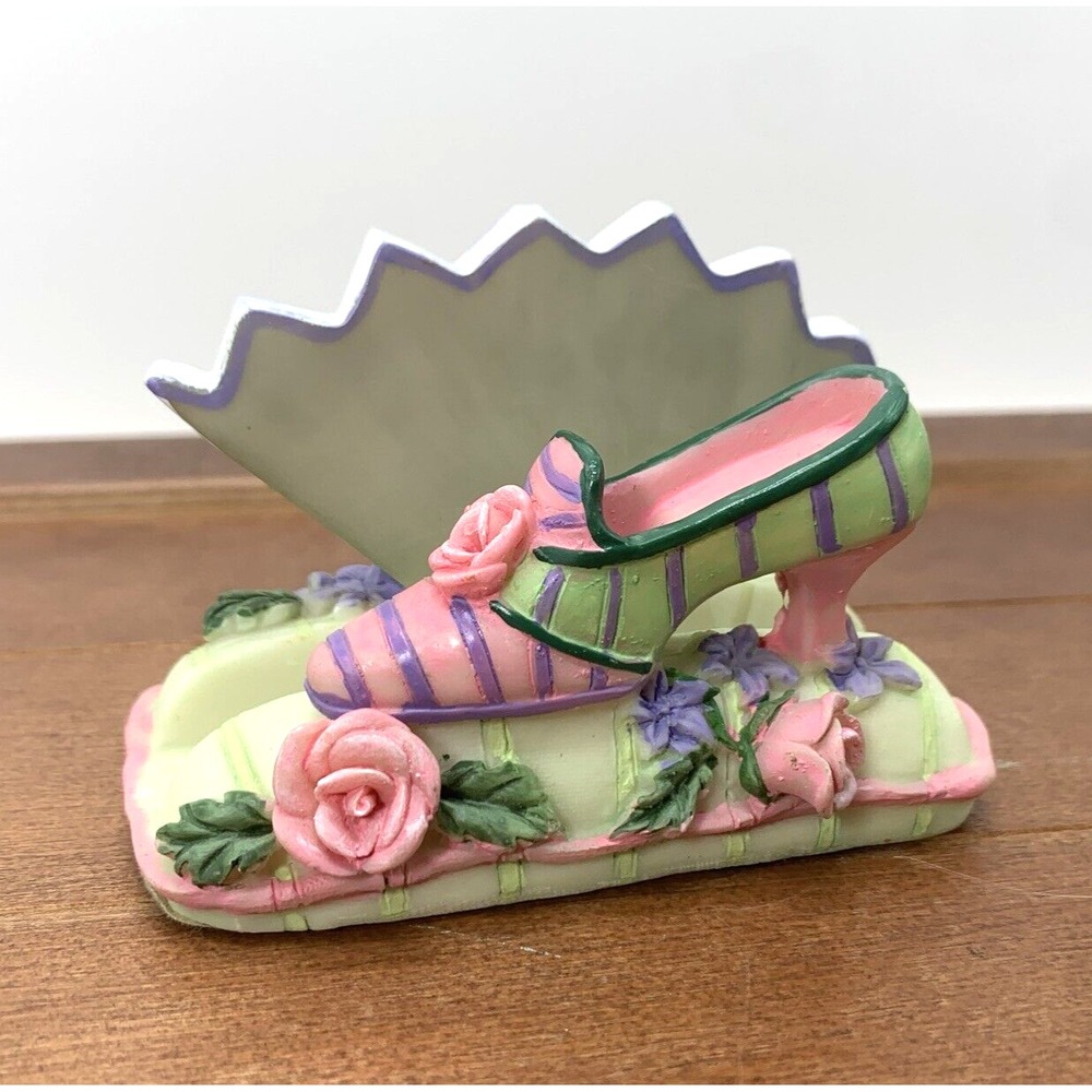Green‎ & Pink High Heels Hand Fan Shoes Business Card Holder Office Decor Art